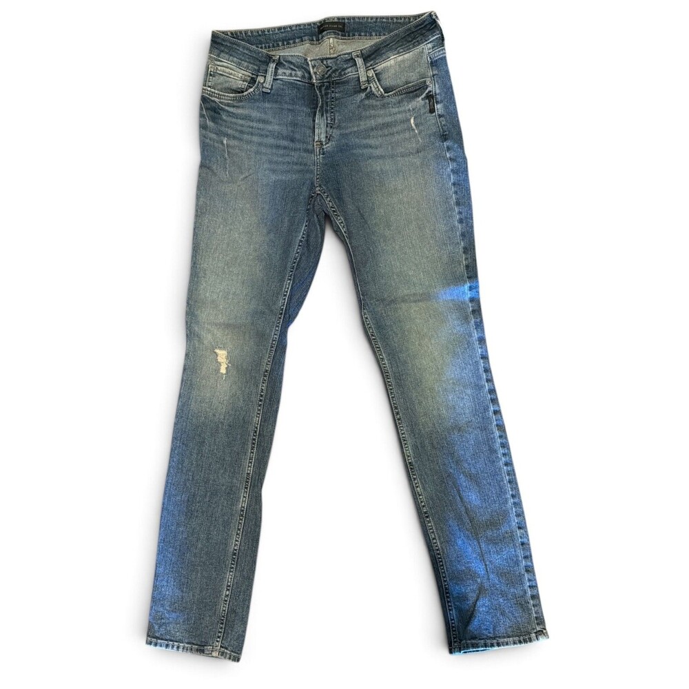 Silver Jeans Elyse Straight Womens 29x32 Blue Mid Rise Distressed Denim